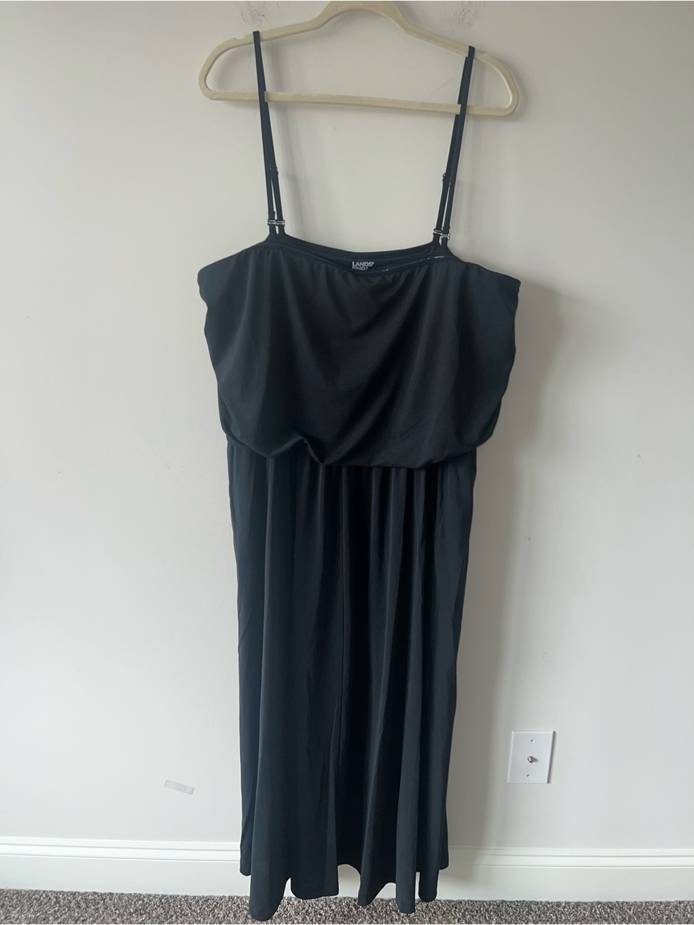 Lands' End Black Midi Spaghetti-Strap Dress with Elastic Band Flowy Top Modal